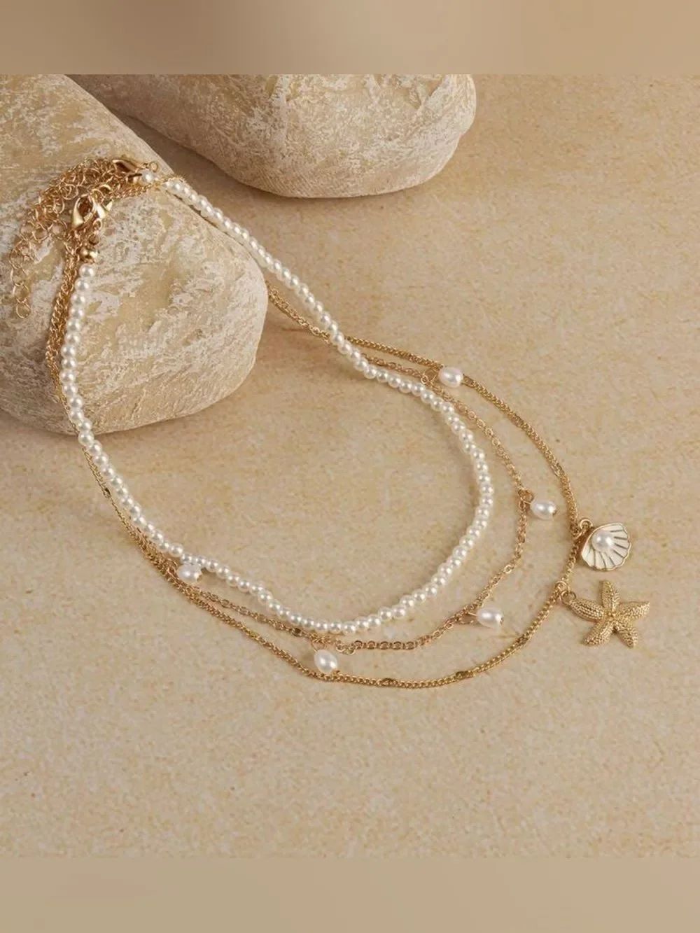 Gold White Pearl Layered Necklace with Sea Charms N1486